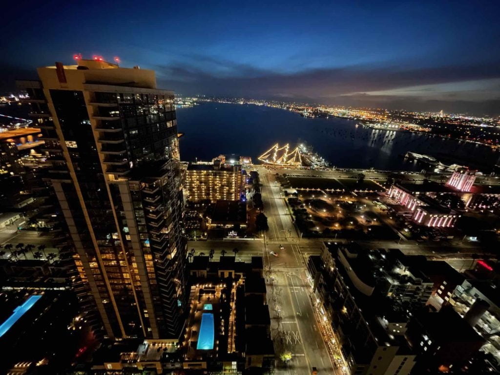 Columbia District at Night aerial view at night of the San Diego bay and surrounding buildings