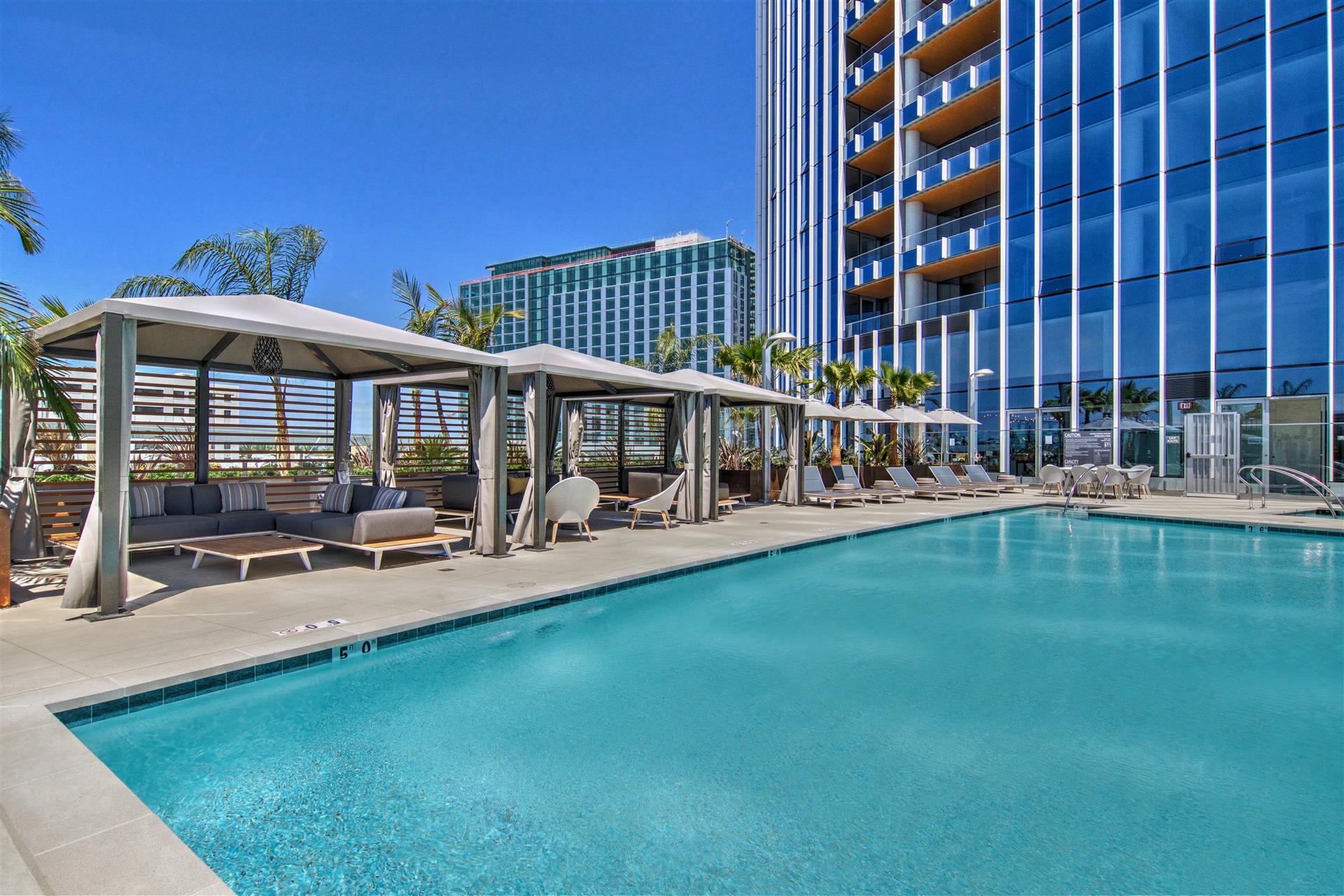Pool deck at Pacific Gate condo tower in downtown San Diego