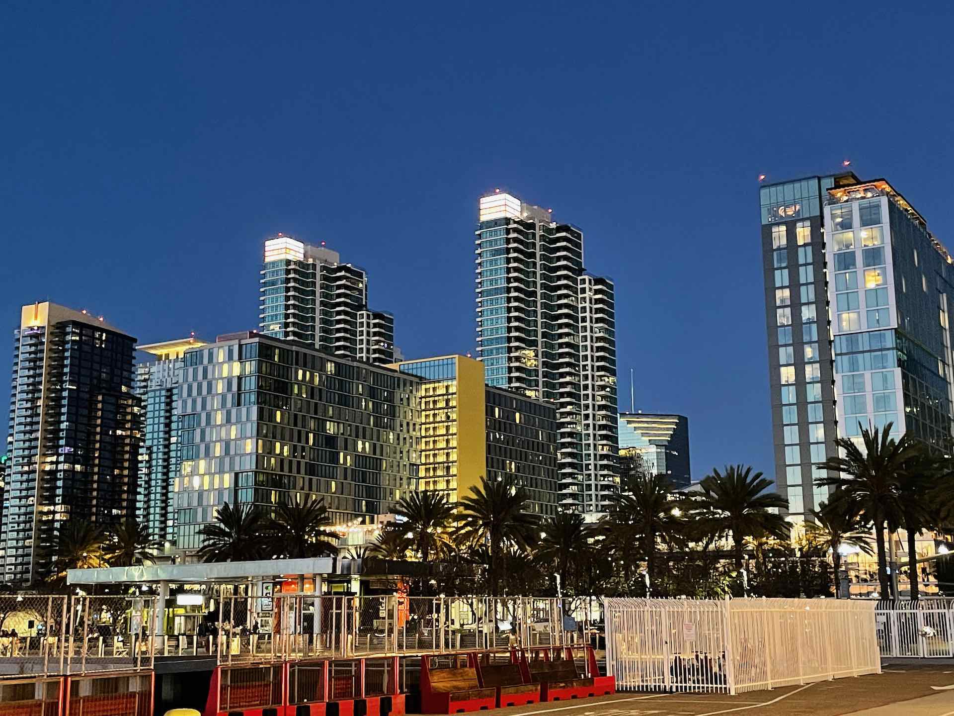 Luxury condominium buildings in San Diego Columbia District seen from the Broadway Pier