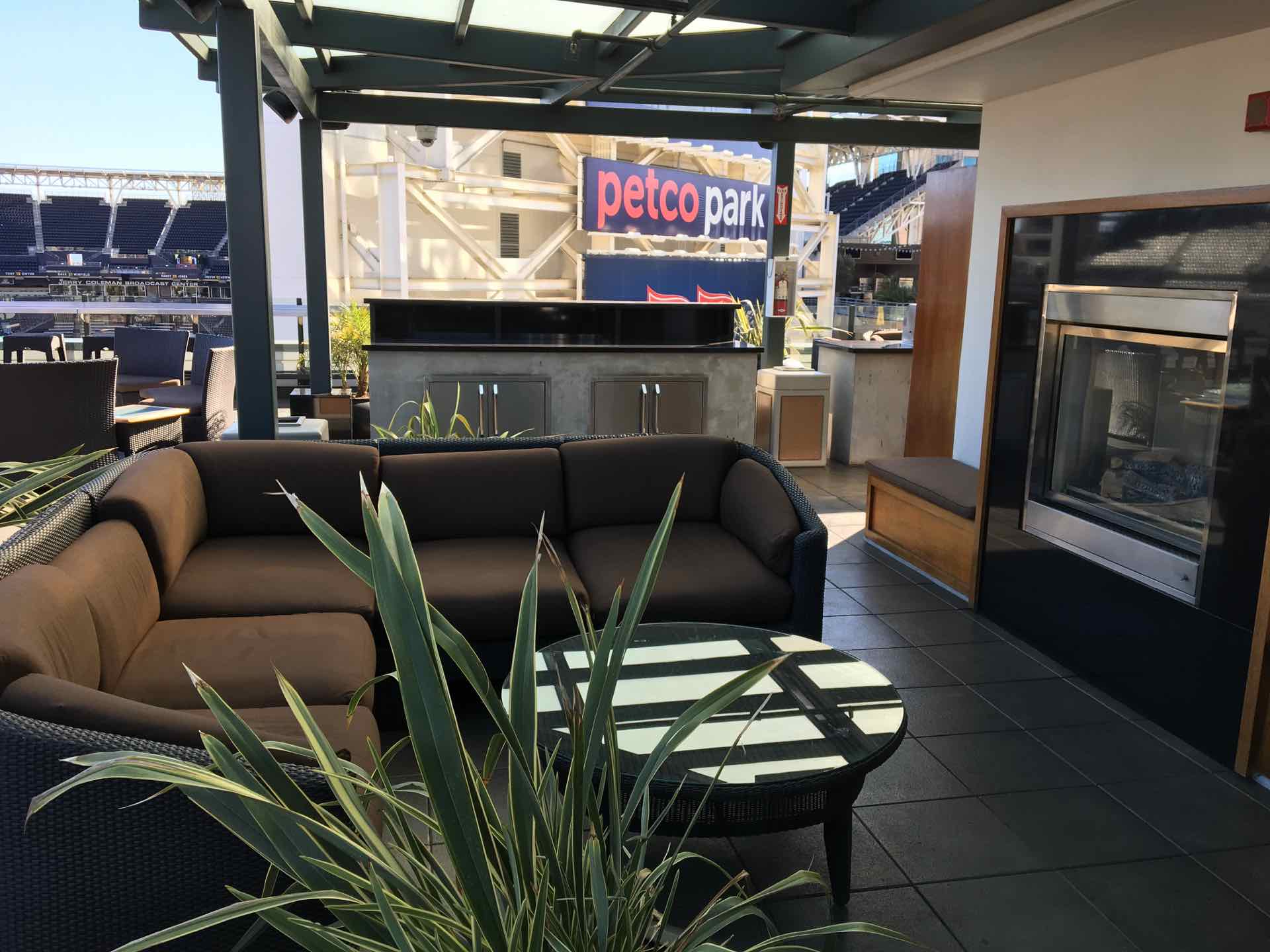 Seating area facing Petco Park in downtown San Diego East Village
