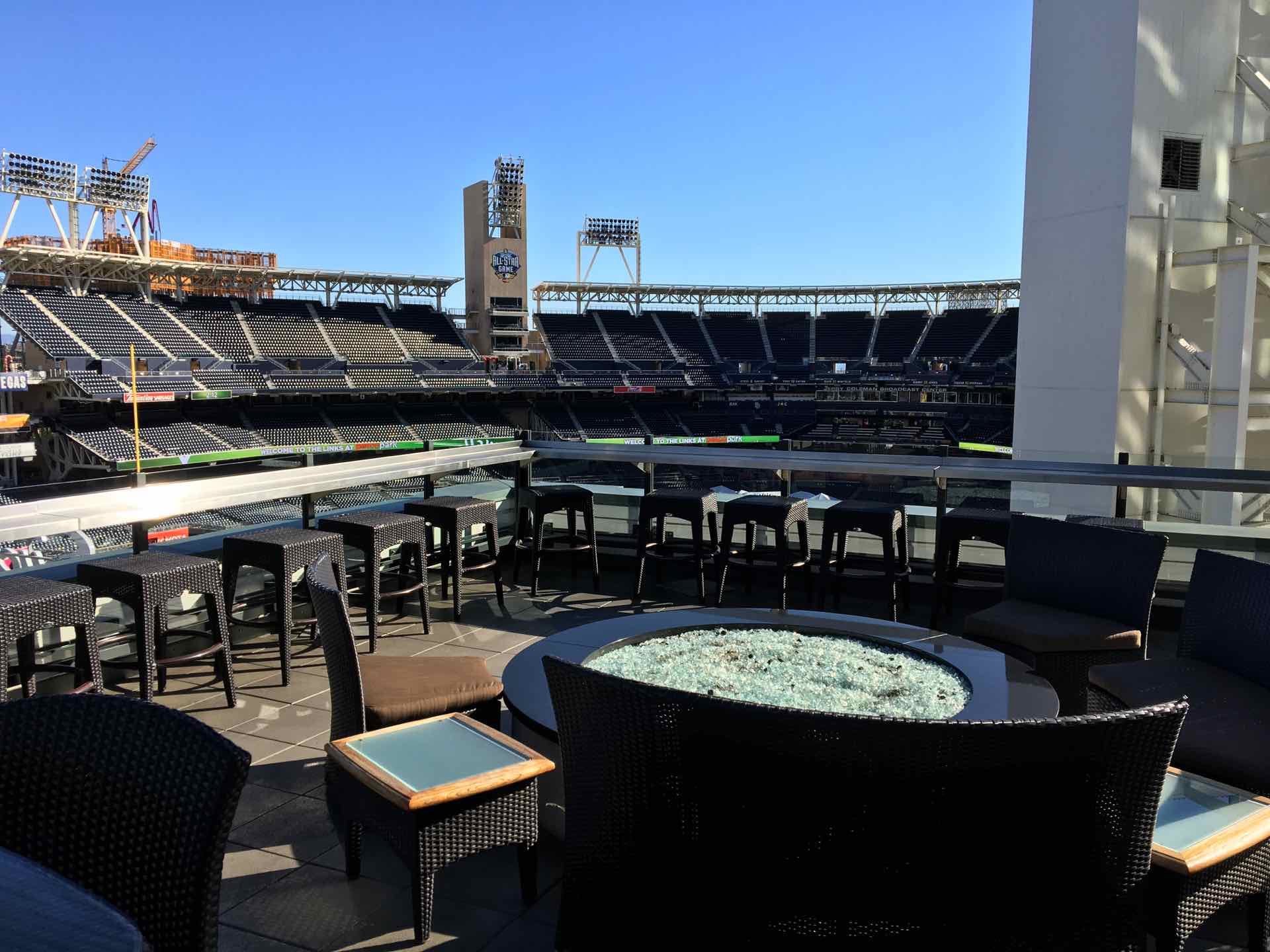 Fire pit facing petco park at The Legend in downtown San Diego East Village District